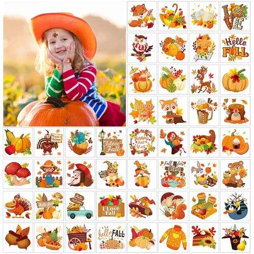 Miniatura 2 de HOWAF 96 piezas de tatuajes temporales de otoño, tatuajes temáticos de otoño para niños, hojas de arce, calabaza, tatuaje temporal falso para otoño