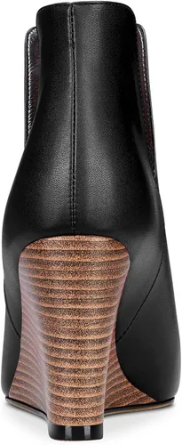 Miniatura 3 de Aachcol Botines de cuña para mujer, botines cortos con punta puntiaguda, tacón alto y grueso, mate, 4 pulgadas