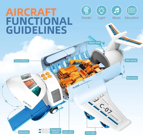 Miniatura 7 de Avión de carga de transporte, juego de juguetes de avión temáticos grandes, juego de vehículos de juguete educativo con sonido y luz de humo, avión