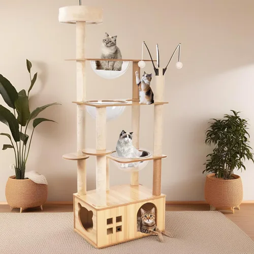 Miniatura 2 de Árbol de madera para gatos de 66.8 pulgadas con condominio para gatos, escaleras para gatos, 3 cuencos, juguetes, postes rascadores de sisal