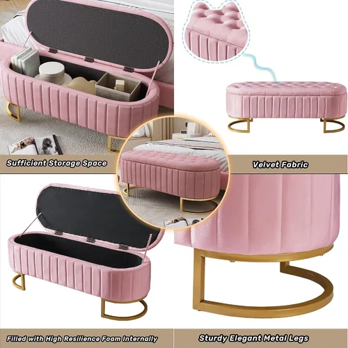 Miniatura 3 de Polibi Elegante otomana tapizada de terciopelo con botones, banco de almacenamiento con patas de metal para dormitorio, sala de estar, entrada