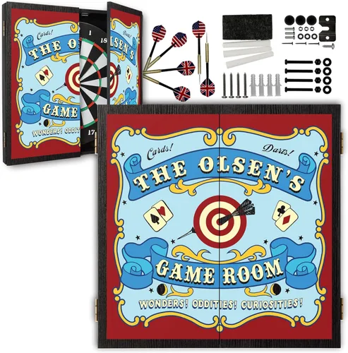 Miniatura 36 de Juego de gabinete de tablero de dardos personalizado con 6 dardos de punta de acero, tablero de dardos de papel, tiza y borrador