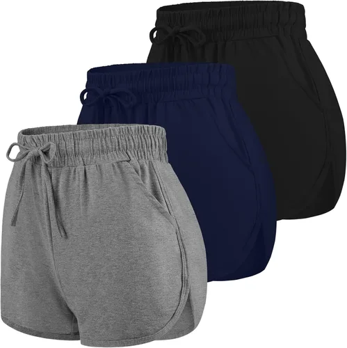 URATOT Paquete de 3 pantalones cortos deportivos para mujer, de algodón, para yoga, correr, entrenamiento, pantalones deportivos de verano con