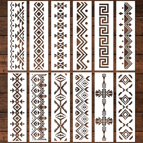 Miniatura 2 de Keluna - Plantillas aztecas - 12 piezas Plantillas de bordes de patrón boho para pintura DIY en pared y lienzo de madera