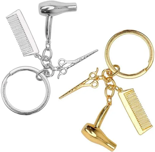 Wixine 2 unids peluquero secador de pelo tijera peine llavero creativo llavero joyería regalos, Blanco,Oro