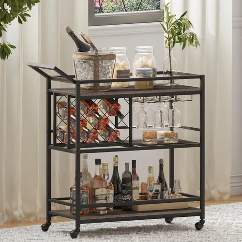 Miniatura 7 de FATORRI Carrito de bar para el hogar con estante para vino y soporte para vasos, pequeño carrito de servicio de bar en casa con ruedas para licor