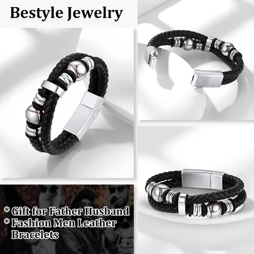 Miniatura 2 de Bestyle Mens Leather Bracelet with Stainless Steel BaseballSoccer Bead Bracelets for Men,Fashion Leather Bracelets for Men, Size 7.58.3Inch