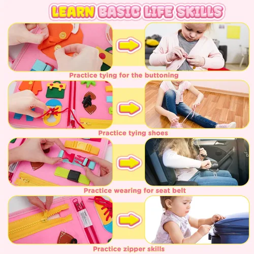 Miniatura 3 de URMYWO Tablero de actividades Montessori para niños de 1, 2, 3, 4 años, libro ocupado para actividades para niños con habilidades motoras finas, Rosa