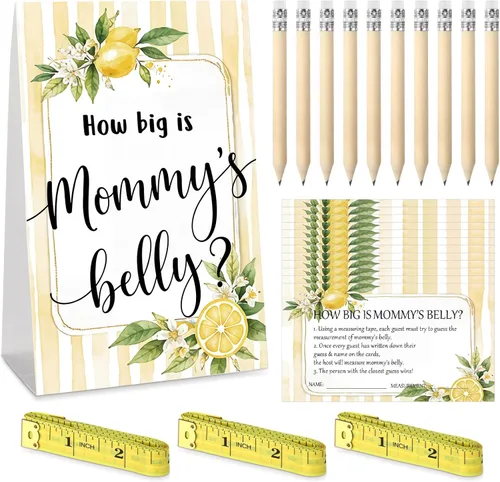 Miniatura 12 de Sabary 64 Piezas Juegos de Baby Shower Incluyen Letrero How Big is Mommy's Belly Sign Measure Bump Game 50 Tarjetas 10 Lápices 3 Cintas Métricas