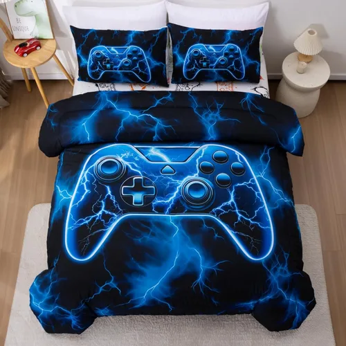 Meeting Story Juego de edredón de videojuegos para niños, diseño de controlador de videojuegos 3D, juego de cama individual ligero y suave para Azul
