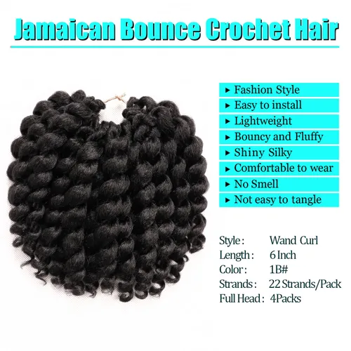 Miniatura 2 de Cabello de ganchillo Jamaicano Bounce, paquete de 4 paquetes de 6 pulgadas, varita de pelo rizado de ganchillo para mujeres negras