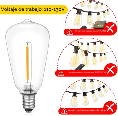 Miniatura 3 de Bombillas LED de repuesto con base E12/C7 para luces de cuerda ST38 para exteriores - No solar, bombilla LED vintage de 1 W inastillable, blanco