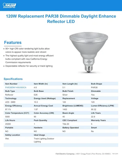 Miniatura 6 de Feit Electric Bombilla LED PAR38, equivalente a 120 W, regulable, luz diurna de 5000 K, 1400 lúmenes, vida útil de 22 años, base E26, bombilla