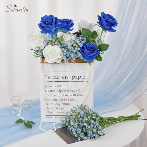 Miniatura 5 de Serwalin 33 flores artificiales de aliento de bebé, flores falsas azules de tacto real para ramos de boda, centros de mesa, gypsophila sintética