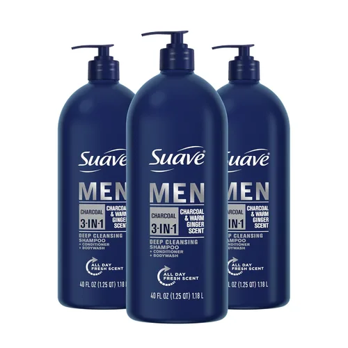 Miniatura 10 de Suave Men Champú 3 en 1 de limpieza profunda, acondicionador y gel de baño con polvo de carbón, desintoxica y limpia el cabello y la piel, elimina