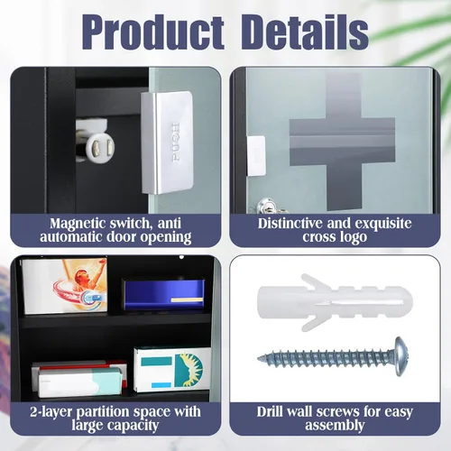 Miniatura 4 de Timgle Armario de pared de primeros auxilios con cerradura para medicamentos montado en la pared del baño, gabinete médico colgante con puerta