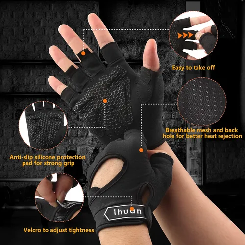 Miniatura 5 de Ihuan Nuevos Guantes de Entrenamiento Transpirables para Hombres y Mujeres - Sin Más Sudor y Protección Completa de la Palma para Gimnasio, Negro