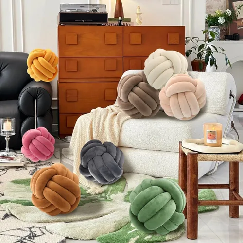 Miniatura 5 de Almohada Bola de Nudo Gris, Almohada Decorativa Hecha a Mano, Cojín Redondo Suave Anudado para Sofá y Dormitorio, Linda Decoración del Hogar