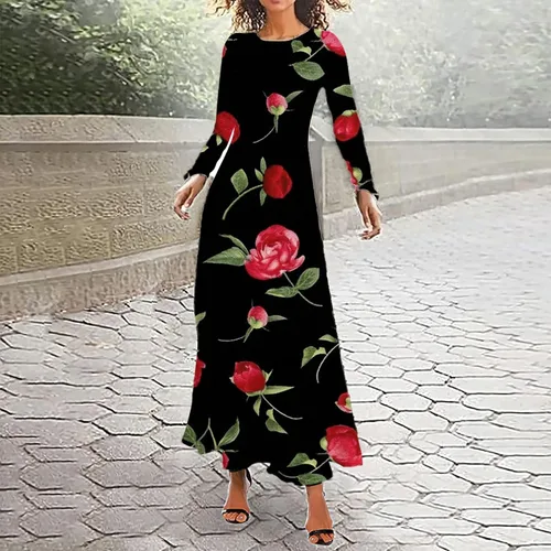Miniatura 2 de 2023 Vestido de manga larga con cuello vuelto para mujer, estilo vintage, con volantes, vestido largo bohemio casual acampanado