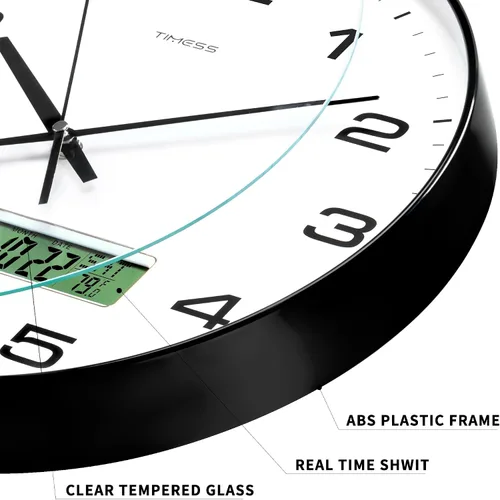 Miniatura 4 de TIMESS Reloj de Pared, Esfera Grande de 14" Sin Tic-Tac Silencioso Operado por Batería Analógico con Pantalla LCD para Calendario Perpetuo y Negro
