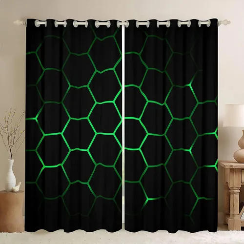 Miniatura 9 de Feelyou - Cortinas de ventana en forma de panal, tema geométrico hexagonal con luces de neón verdes, para chicos adolescentes y hombres, elegante