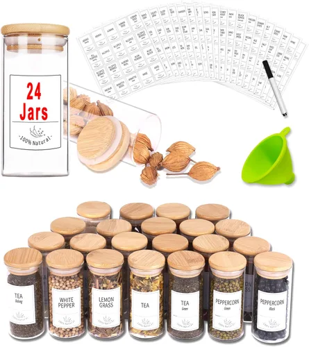 Churboro 24 tarros de especias de vidrio con tapas herméticas de bambú, 400 etiquetas de especias, juego de embudo y marcadores de tiza, tarros de