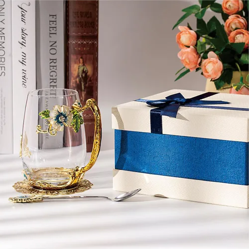 Miniatura 3 de Taza de té con flores, taza de café de vidrio con mariposa y margarita, con cuchara, caja de regalo para su mamá, esposa, abuela, niñas, amigas