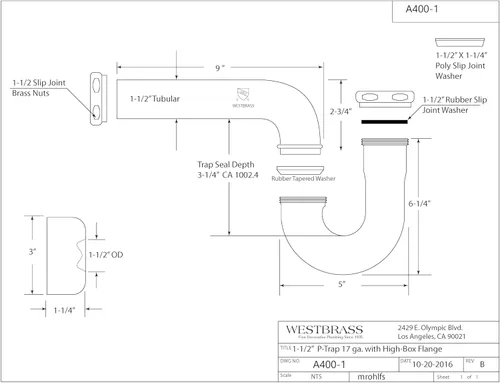 Miniatura 4 de Westbrass A400-1-01 1-1/2" OD 17 calibre P-Trampa con brida de caja alta, latón pulido