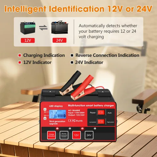 Miniatura 2 de Outerman - Cargador de batería de automóvil, 12 V, 24 V, de plomo-ácido, pantalla LCD, mantenimiento automático de batería inteligente