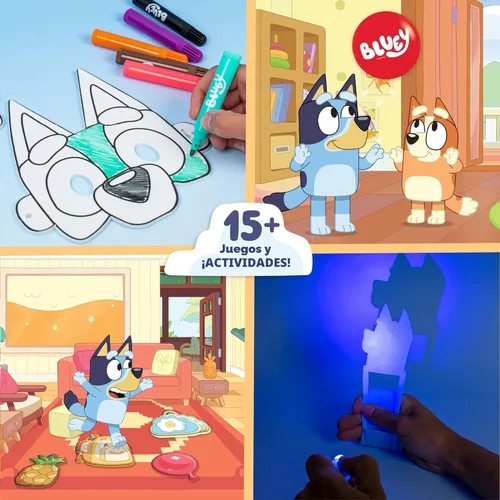 Miniatura 4 de Funda Bluey Imagination, 15 juegos y actividades, juego Bluey apto para viajes con marcadores, crayones, globos, marionetas y juegos para niños de 3