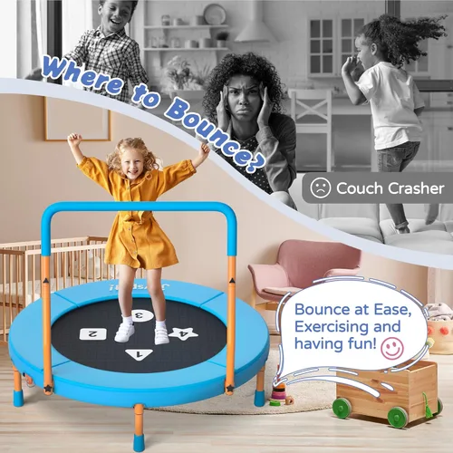 Miniatura 6 de 3FT Toddler Trampoline with Adjustable Handlebar, 36" Foldable & Spring-Free, Mini Kids Indoor Outdoor Trampoline for Ages 1-6, Noiseless Jumping