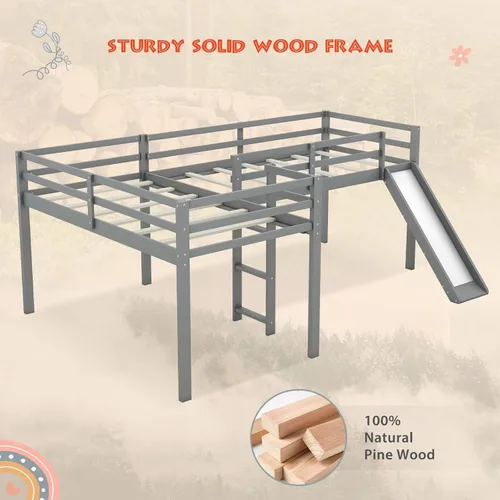 Miniatura 7 de Merax Cama doble tipo loft de tamaño individual con tobogán y escalera, marco de cama de madera en forma de L con barandilla de longitud completa
