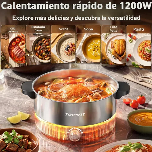 Miniatura 6 de TOPWIT Olla eléctrica de 4.5 L, olla eléctrica de acero inoxidable con ajuste de potencia doble, olla eléctrica de calentamiento rápido de 1200 W