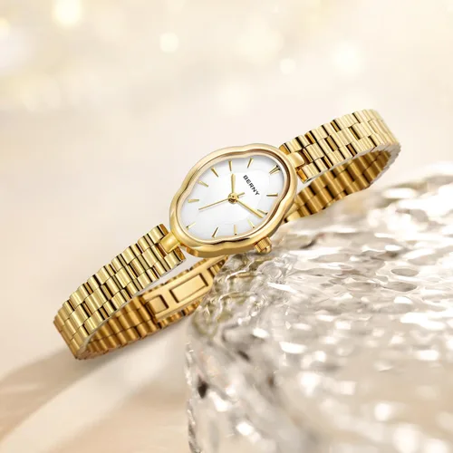 Miniatura 4 de BERNY Relojes dorados para mujer, delicado reloj de cuarzo para mujer, estilo vintage, cobre, con forma de espejo, movimiento de cuarzo japonés