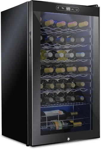 Schmecke - Refrigerador de vino con compresor de 34 botellas con cerradura | Gran bodega independiente | Refrigerador de vino digital 41f-64f con