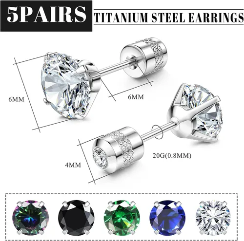 Miniatura 2 de FIBO STEEL 5 pares de aretes de titanio de acero inoxidable quirúrgico para mujeres y hombres, arcoíris 5A, circonita cúbica para dormir