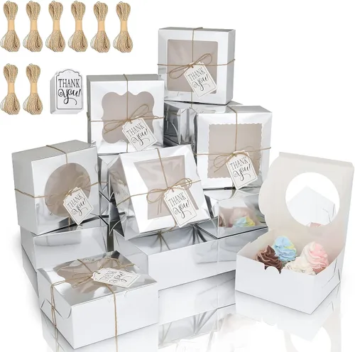Miniatura 8 de KPOSIYA 65 cajas de panadería con ventana de 6 x 6 x 3 pulgadas, cajas de galletas de 5 estilos, cajas pequeñas de pastelería para dulces, postres
