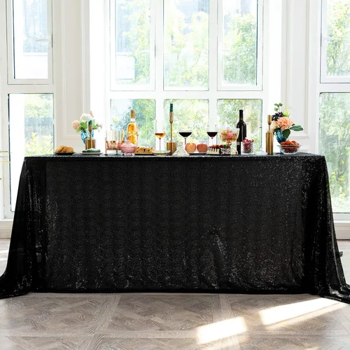 Miniatura 16 de Mantel de lentejuelas de 50 x 50 pulgadas, mantel negro brillante con purpurina brillante y secuencia metálica, para decoración de fiesta