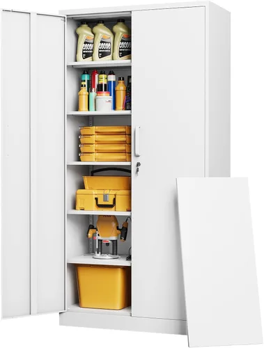 Miniatura 12 de Armario de almacenamiento de metal con 2 puertas y estantes ajustables, armario de metal ancho, gabinete de almacenamiento bajo, gabinete de acento