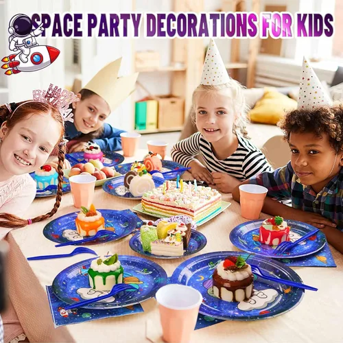 Miniatura 6 de SCIONE Juego de 96 piezas de decoración de fiesta de cumpleaños temática espacial para 24 invitados, incluye 24 platos de 9 pulgadas, 24 platos de 7