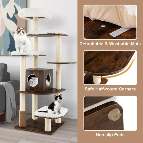 Miniatura 6 de PETSITE Árbol alto para gatos de interior, torre moderna de varios niveles para gatos de 71 pulgadas con perca de felpa, cómodo condominio
