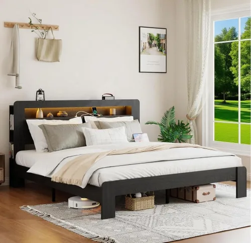 Miniatura 8 de Estructura de cama de madera tamaño Queen con cabecero de almacenamiento, estructura de cama de plataforma estilo granja con estante de biblioteca