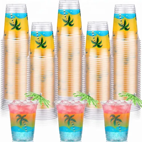 Rtteri 100 tazas Luau de 12 onzas, vasos de plástico hawaiano tropical para fiesta, a granel, vasos desechables de palmera de coco y coco para