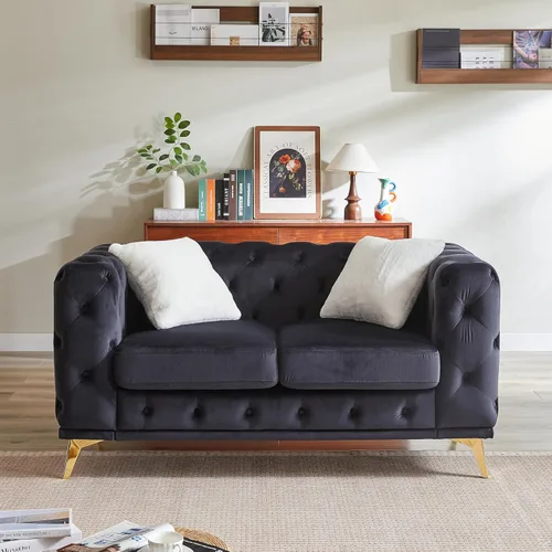 Miniatura 9 de KEIKI Sofá Chesterfield de terciopelo de lujo de 61 pulgadas con 2 almohadas, estilo mediados de siglo con botones copetudos de 2 plazas con cojines