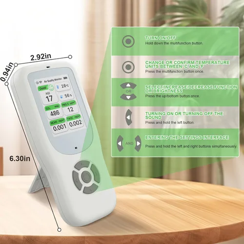 Miniatura 7 de Monitor de calidad del aire interior 9 en 1, probador portátil de calidad del aire para PM1.0, PM2.5, PM10, CO2, TVOC, HCHO, AQI, temperatura