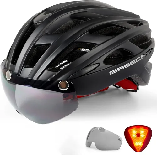 Casco de bicicleta Basecamp con luz trasera y gafas magnéticas desmontables, casco ligero para ciclismo ajustable para hombres y mujeres en montaña