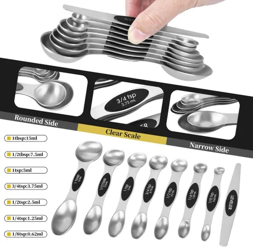 Miniatura 3 de Juego de 16 tazas medidoras y cucharas medidoras magnéticas de acero inoxidable, 8 tazas medidoras con mango de silicona y 7 cucharas magnéticas