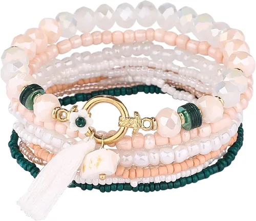 Miniatura 2 de iYours 6 juegos de pulseras bohemias multicapa con borlas hechas a mano, pulseras envolventes para mujer, Sin gemas.