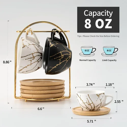 Miniatura 3 de LUKA - Juego de tazas de café de cerámica con platillos y soporte de metal, tazas de capuchino apilables de 8 oz de porcelana para té, espresso