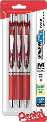 Pentel EnerGel RTX - Bolígrafo, (¹/₃₂ pulgadas) línea mediana, punta de metal, tinta color rojo, paquete de 3 (BL77BP3B)